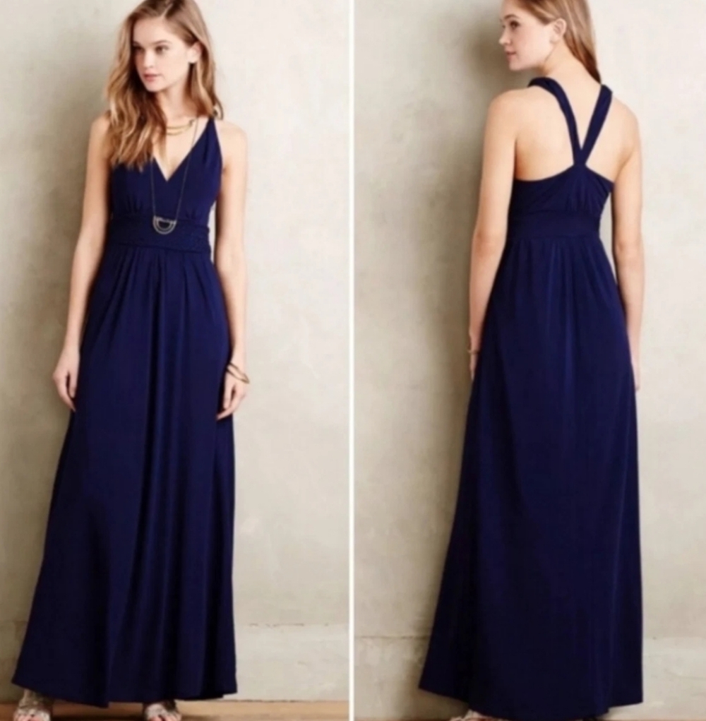 Anthropologie Maeve Yuma Maxi Dress Blue  Size 2 Twisted Back Basketweave Waist